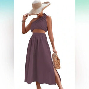 2 Piece Outfit One Shoulder Crop Top & Side Split Skirt Set with Pockets NEW